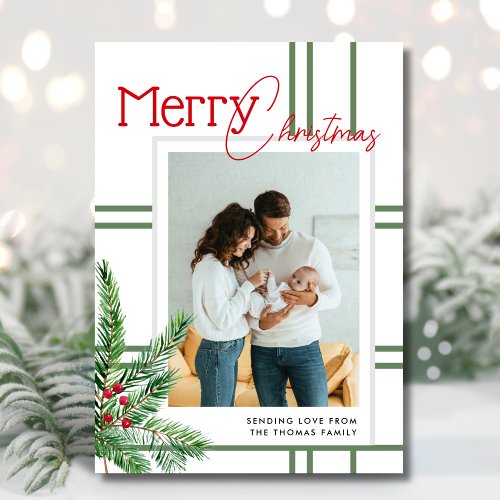 Modern Merry Christmas  Greenery Plaid Photo Holiday Card