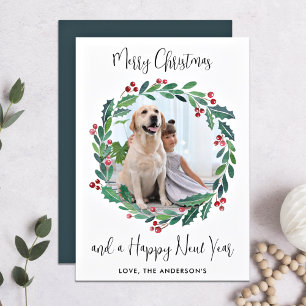 Modern Merry Christmas Greenery Wreath Photo  Holiday Card