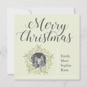 Modern Merry Christmas Greenery Wreath Photo Holiday Card