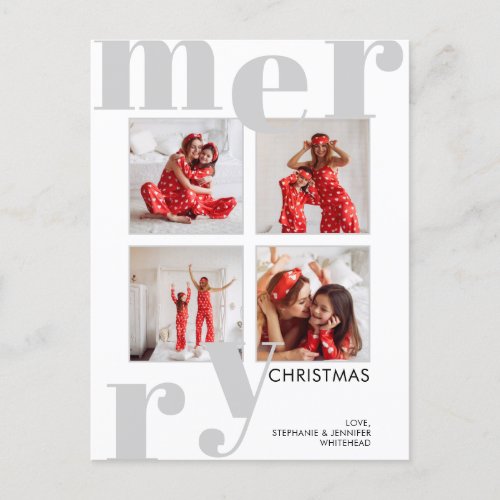 Modern Merry Christmas Grey Photo Collage Holiday Postcard