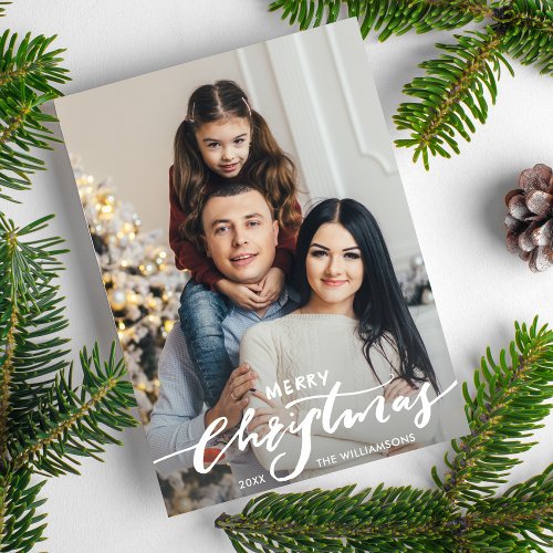 Modern Merry Christmas Hand Lettered Family Photo Holiday Card