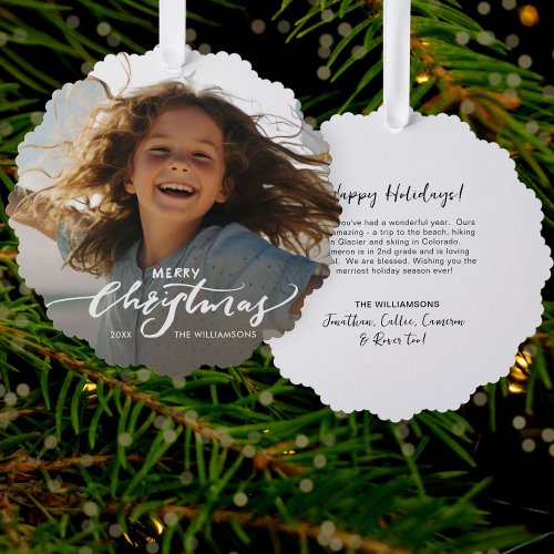 Modern Merry Christmas Hand Lettered Family Photo Ornament Card