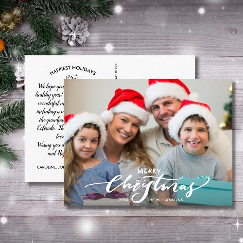 Modern Merry Christmas Hand Lettered Family Photo Postcard