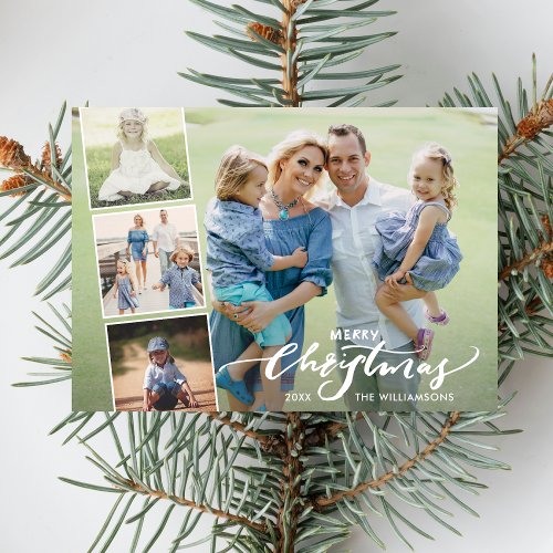 Modern Merry Christmas Hand Lettered Photo Collage Holiday Card