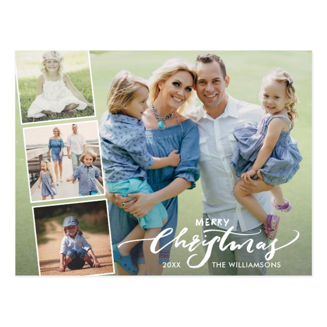 Modern Merry Christmas Hand Lettered Photo Collage Postcard
