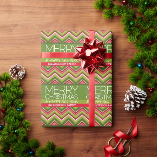 Modern Merry Christmas Happy New Year Chevrons Wrapping Paper