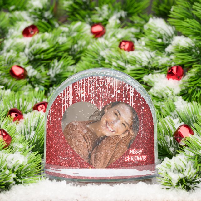 Modern Merry Christmas Heart Photo Name  Snow Globe (Christmas)