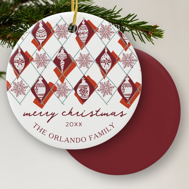 Modern Merry Christmas Holiday Family Name Ceramic Ornament (Creator Uploaded)