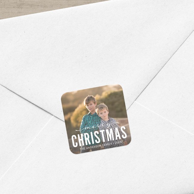 Modern Merry Christmas Holiday Photo Square Sticker (Creator Uploaded)