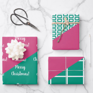 Modern Merry Christmas Hot Pink Emerald Green Wrapping Paper Sheets