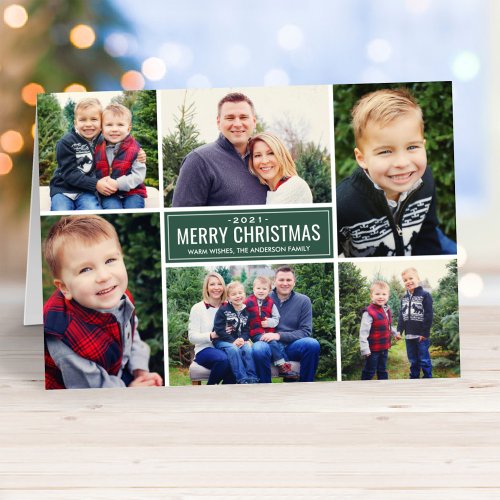 Modern Merry Christmas Hunter Green Photo Collage Holiday Card