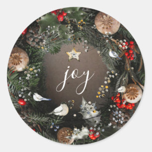 Modern Merry Christmas Joyful Wreath Holiday Classic Round Sticker