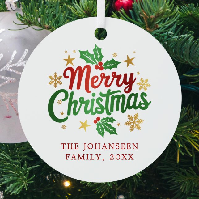 Modern Merry Christmas Keepsake Typography Family Metal Ornament (Creator Uploaded)
