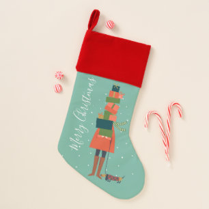 Modern Merry Christmas Lady Holding Gifts With Dog Stocking