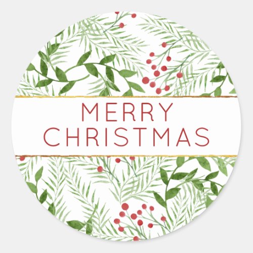 Modern MERRY CHRISTMAS Leaves Berries Holiday Classic Round Sticker