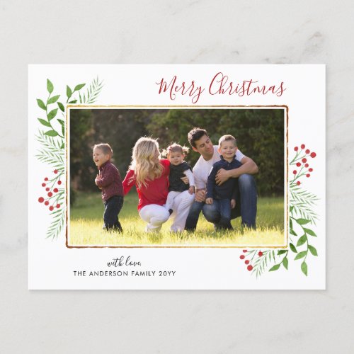 Modern Merry Christmas Leaves Foliage Berry Photo Holiday Postcard