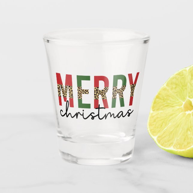 Modern Merry Christmas Leopard Print Minimalist Shot Glass (Front)