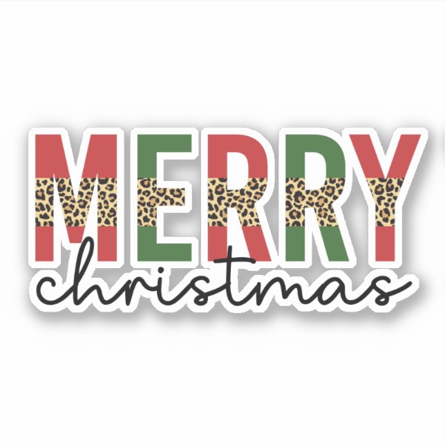 Modern Merry Christmas Leopard Print Typography Sticker (Front)