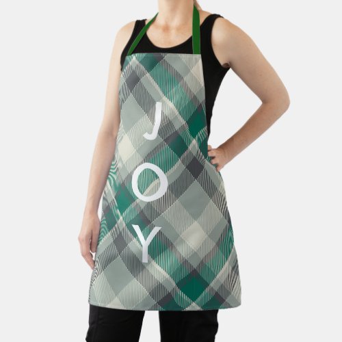 Modern Merry Christmas Lettering Green Plaid Apron