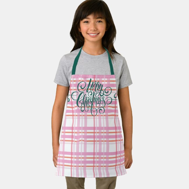 Modern Merry Christmas Lettering Pink White Plaid Apron