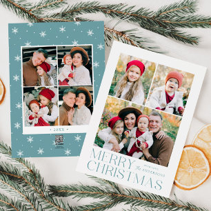 Modern Merry Christmas Light Blue 7 Photo Collage Holiday Card