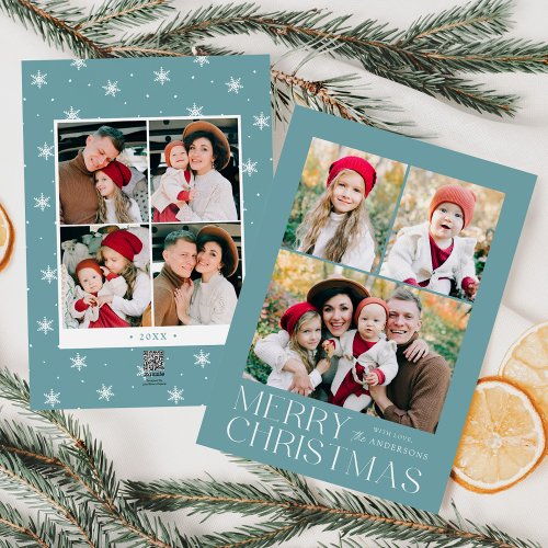 Modern Merry Christmas Light Blue 7 Photo Collage Holiday Card