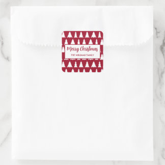 Modern Merry Christmas Maroon White Tree Pattern  Square Sticker