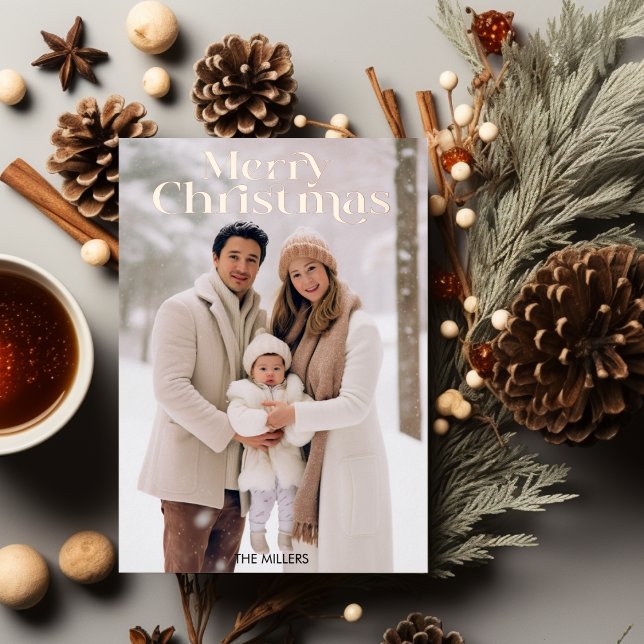 Modern Merry Christmas Minimal 1 Photo Beige  Foil Holiday Card (Modern Merry Christmas Minimal 1 Photo Beige Foil Holiday Card)