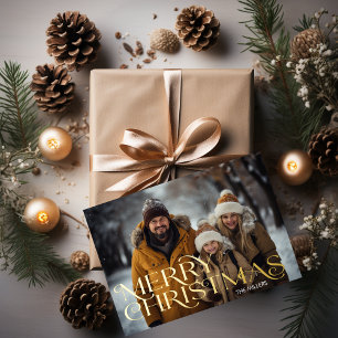 Modern Merry Christmas Minimal 1 Photo Elegant Foil Holiday Postcard