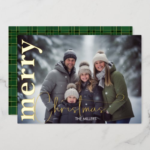 Modern Merry Christmas Minimal 1 Photo Green Gold Foil Holiday Card