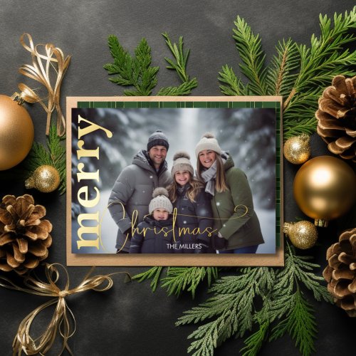 Modern Merry Christmas Minimal 1 Photo Green Gold Foil Holiday Card