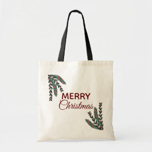 Modern Merry Christmas Mistletoe Greenery Tote Bag
