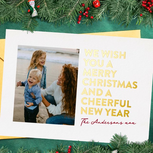 MODERN MERRY CHRISTMAS & NEW YEAR RED WHITE Gold Foil Holiday Card (Creator Uploaded)