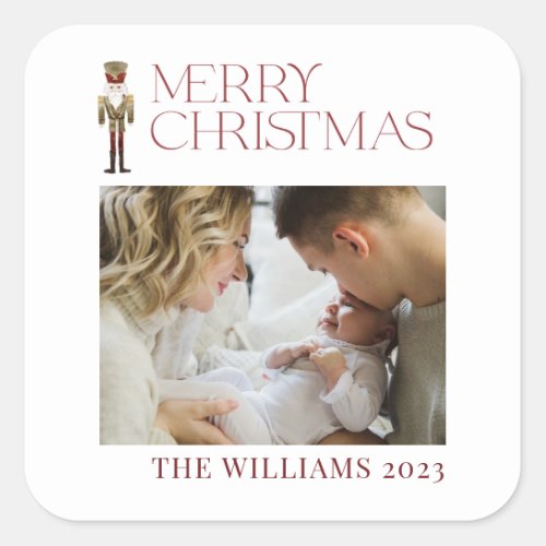 Modern Merry Christmas Nutcracker Watercolor Photo Square Sticker