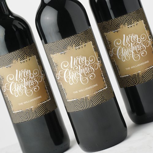 Modern Merry Christmas on Gold Black Wine Label