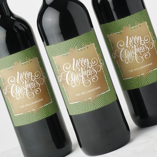 Modern Merry Christmas on Gold Green Wine Label