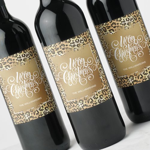 Modern Merry Christmas on Gold Leopard Wine Label