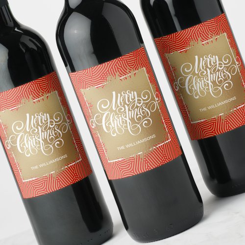 Modern Merry Christmas on Gold Red Wine Label