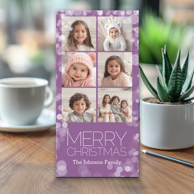 Modern Merry Christmas Orchid Bokeh Personalized Holiday Card (Classic Christmas Photo Card)
