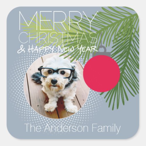 Modern Merry Christmas Ornament One Photo Square Sticker