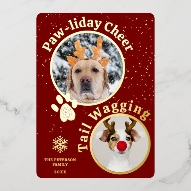 Modern merry Christmas pawliday pets fun 3 photos Foil Holiday Card (Front)