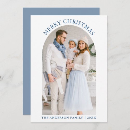 Modern Merry Christmas Photo Arch Dusty Blue Holiday Card