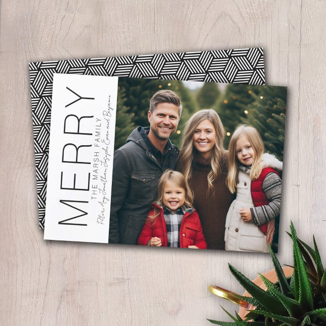 Modern Merry Christmas Photo Black White Minimal Holiday Card (Modern Christmas Card with 1 Photo)