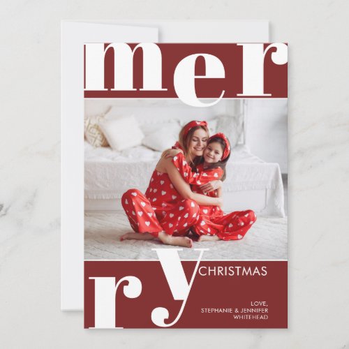 Modern Merry Christmas Photo Burgundy Holiday Card