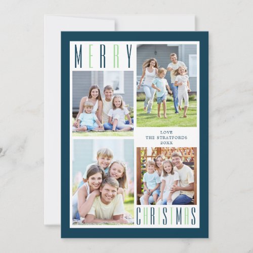 Modern MERRY CHRISTMAS Photo Collage Blue Green Holiday Card