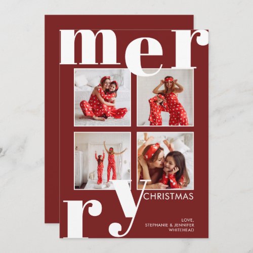 Modern Merry Christmas Photo Collage Burgundy Holiday Card