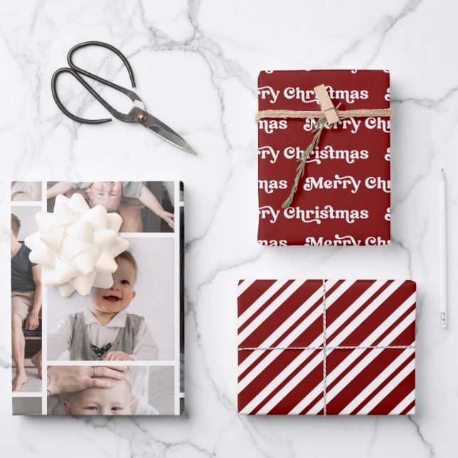 Modern Merry Christmas Photo Collage Candy Stripes Wrapping Paper Sheets (Front)