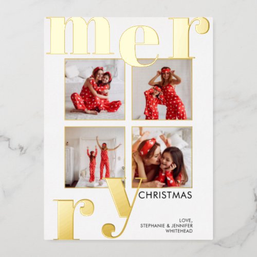 Modern Merry Christmas Photo Collage Foil Holiday Postcard