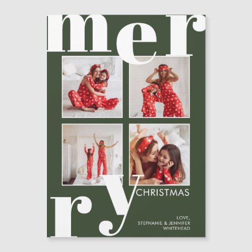 Modern Merry Christmas Photo Collage Forest Green