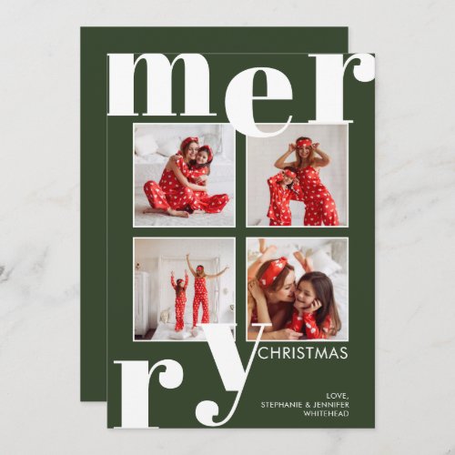 Modern Merry Christmas Photo Collage Forest Green Holiday Card